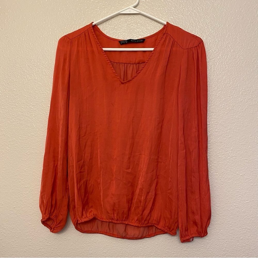 Zara Basic coral orange V-neck silky long sleeve blouse top elastic hemline-S